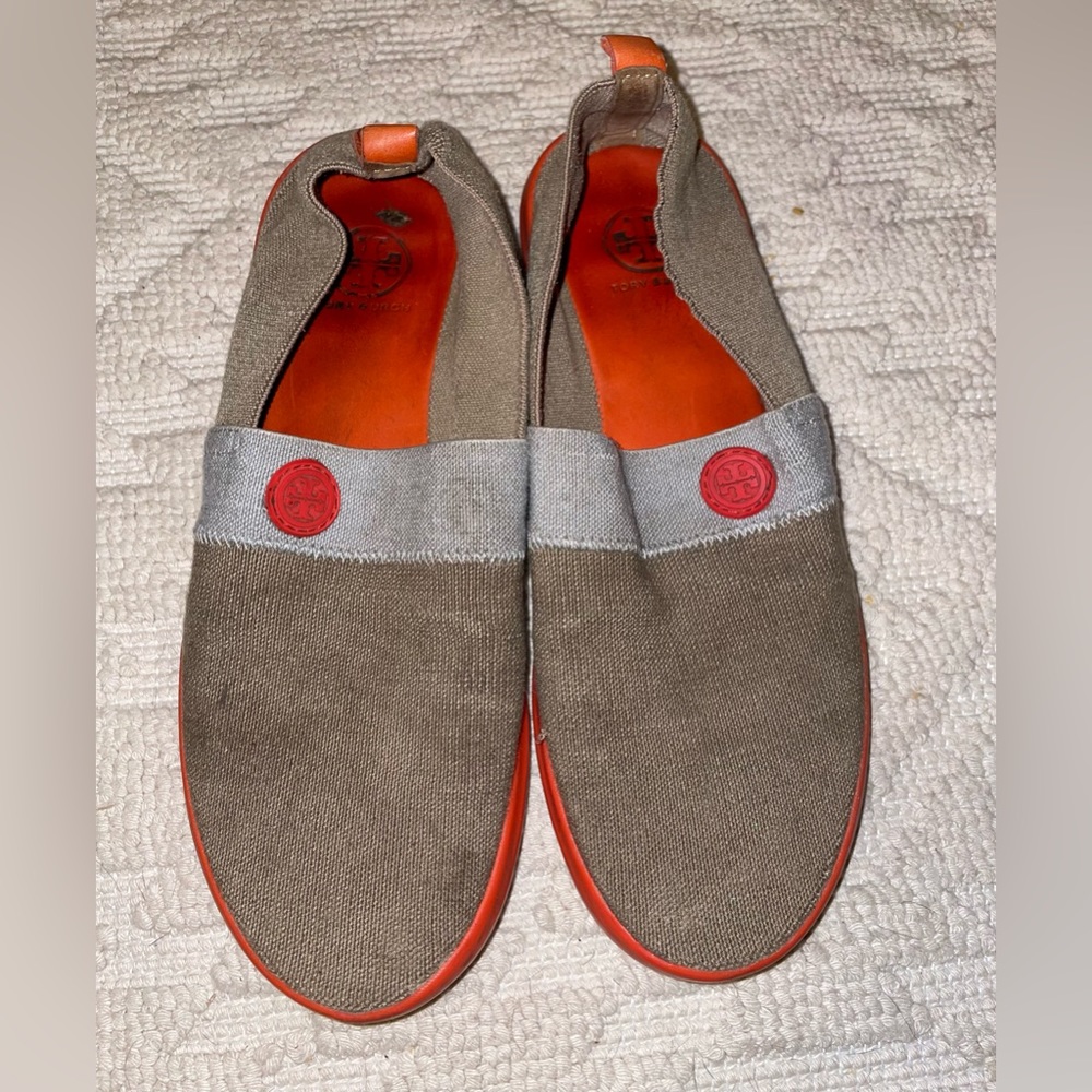Tory Burch Brown Canvas Slip-On Flats with Orange Trim